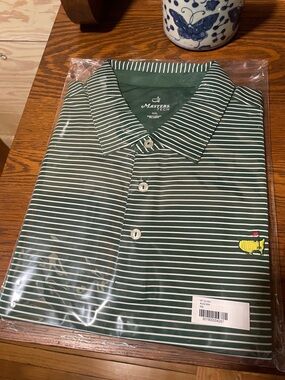 Masters TECH Green and White Striped Polo with Embroidered Logo.